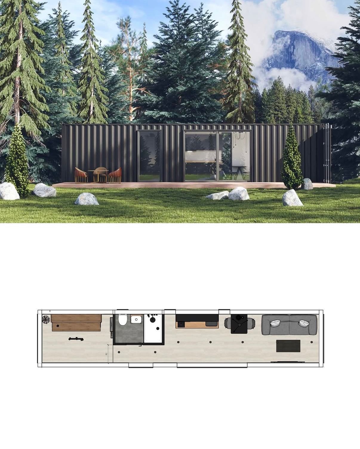 Container unit with floor plan